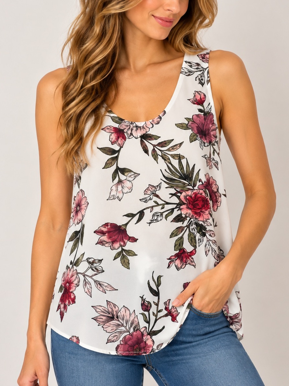 Women's White Pink Floral Sleeveless Blouse – Estimated Small